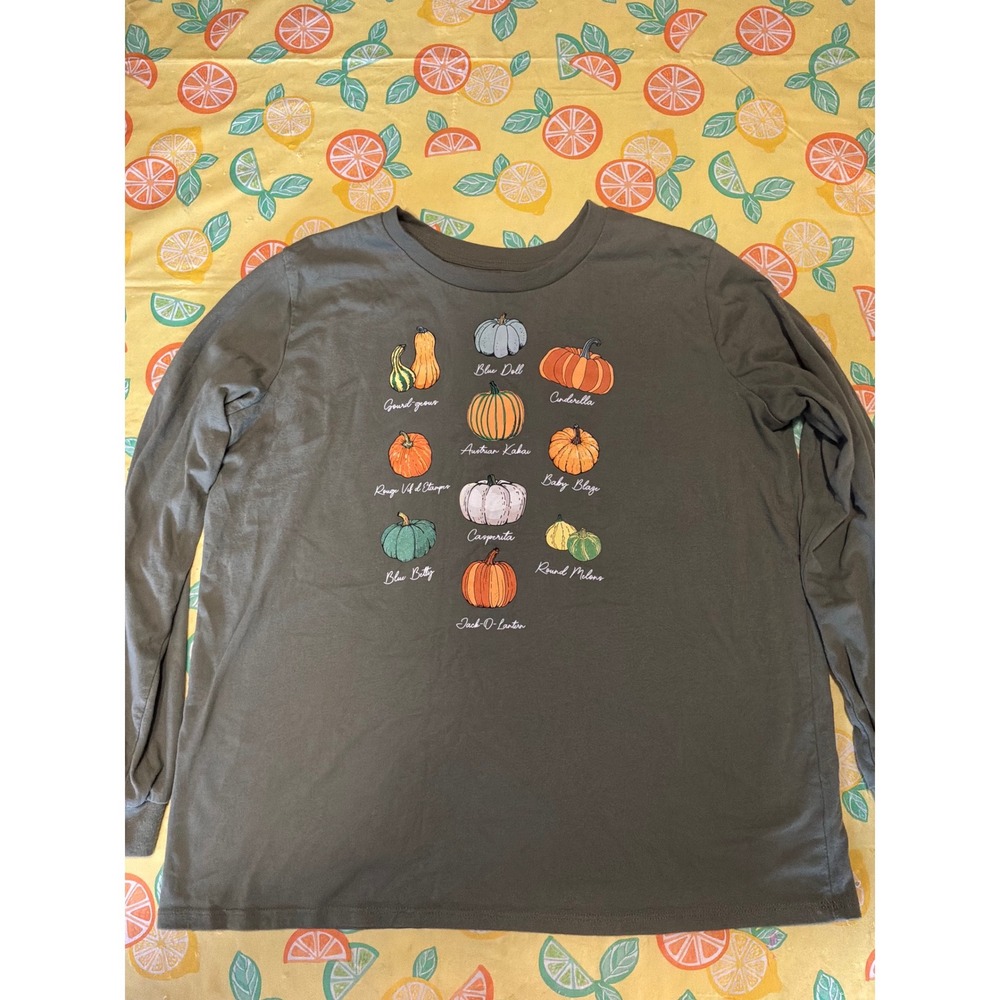Cottagecore Womens State of Mine Pumpkin Gourd Graphic Shirt L Olive Green